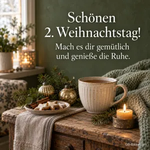 Tasse, Zimtsterne und Kerze auf einer Kommode, Text: Schönen 2. Weihnachtstag!