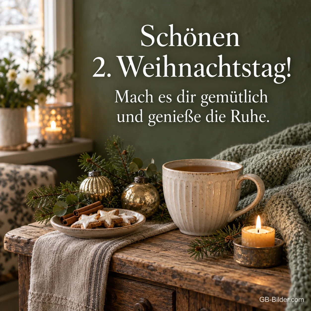 Tasse, Zimtsterne und Kerze auf einer Kommode, Text: Schönen 2. Weihnachtstag!