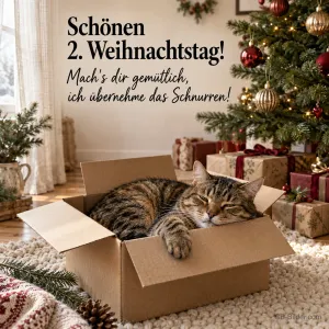 Katze schläft im Karton vor dem Weihnachtsbaum, Text: Schönen 2. Weihnachtstag! Ich übernehme das Schnurren!