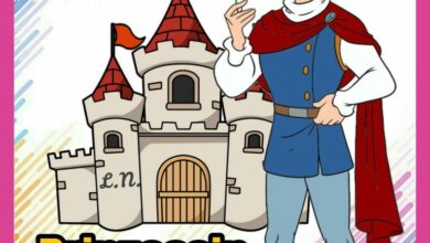 Ein Cartoon-Prinz mit einer Rose vor einem Schloss wünscht "Guten Morgen Prinzessin meiner Träume"